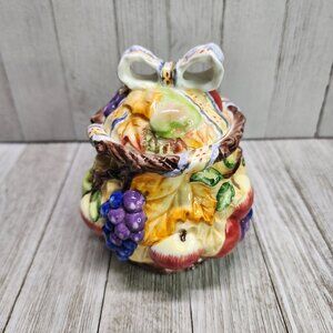Vintage Painted Jam Jar Fruits and Fall Leaves Design Ceramic with Lid 5.5" Tall
